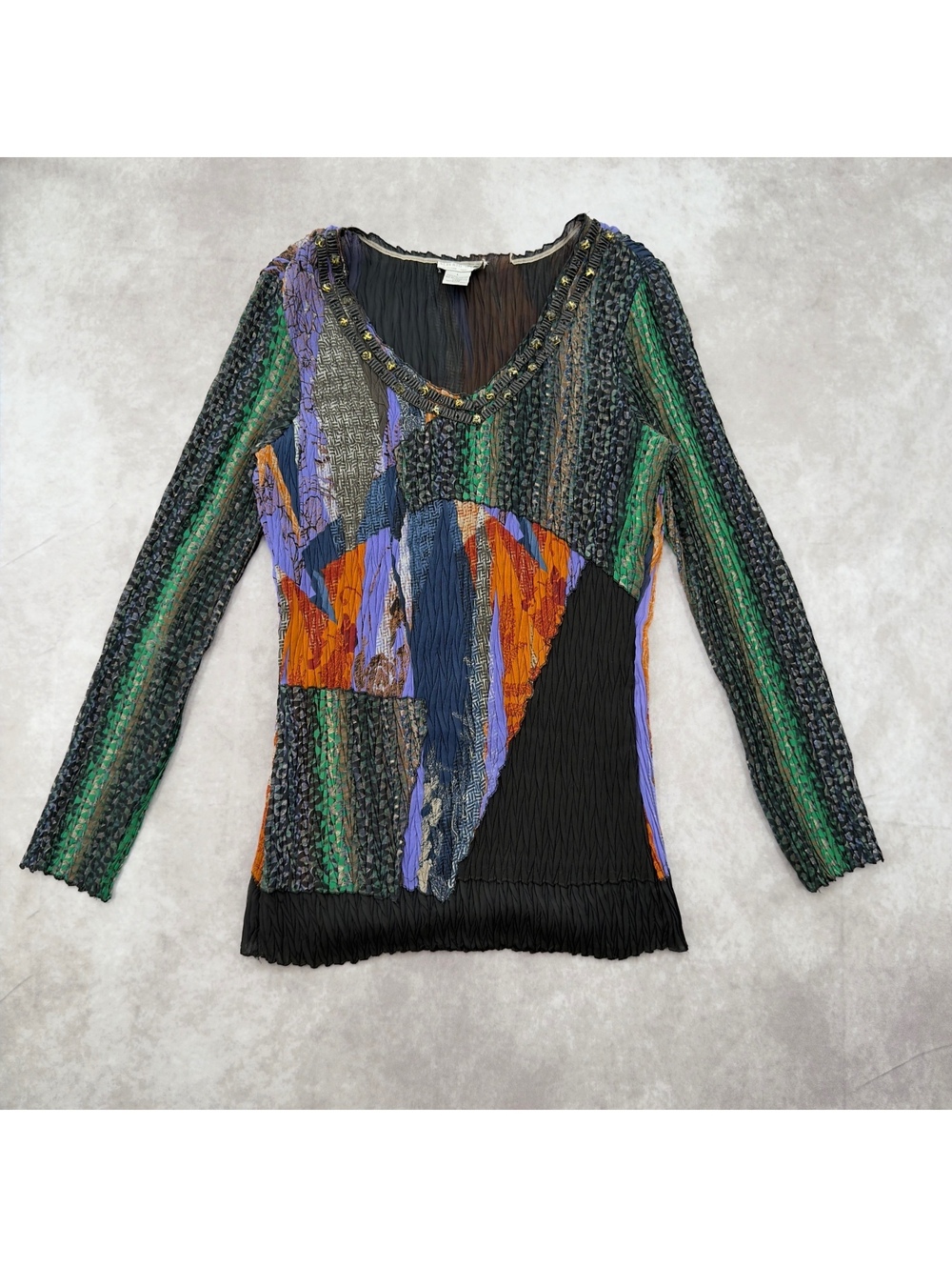 Women’s Multicolor V-Neck Patchwork Long-Sleeve Top